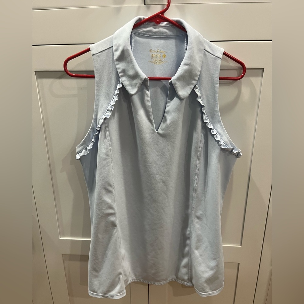EUC Lilly Pulitzer Luxletic Light Blue Sleeveless Polo Tank Top with Ruffles XL